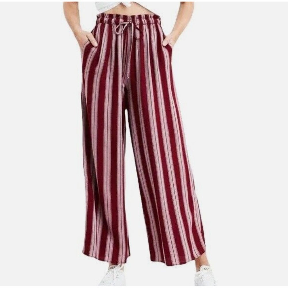 American Eagle Large Palazzo Pants Ankle Red Stripe Woven High Waist Drawstring